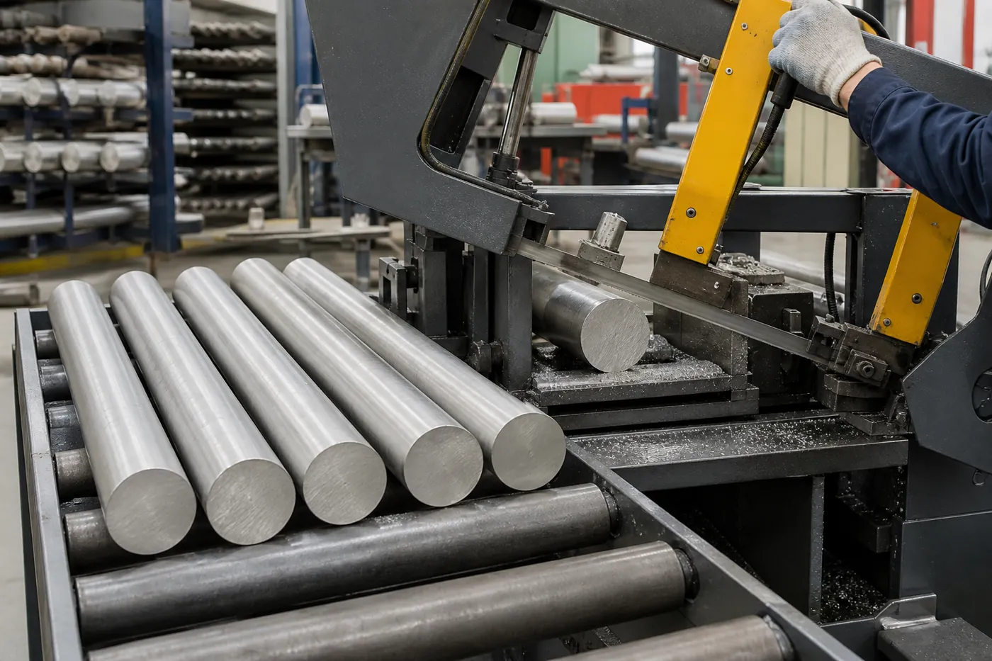 Round alloy bars being cut by industrial band saw
