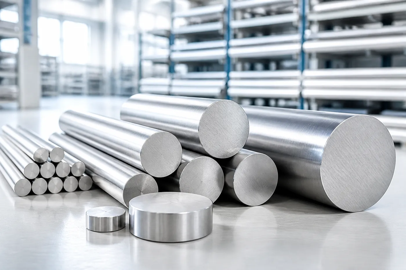 Bright product photo of nickel alloy round bars