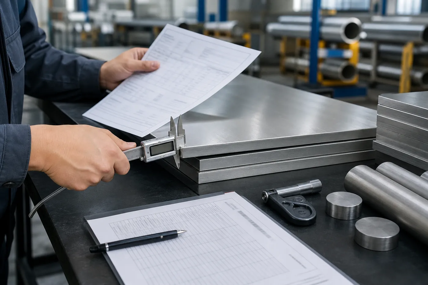 Alloy material dimensional inspection with caliper and documents