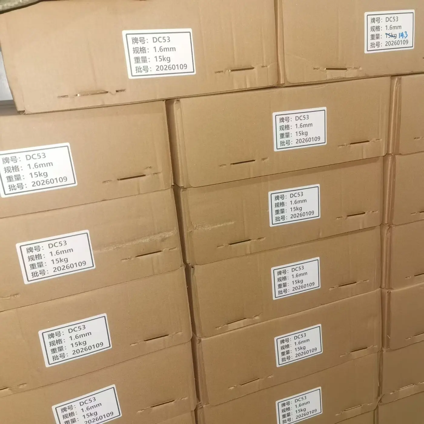 Boxes labeled DC53 1.6 mm welding wire