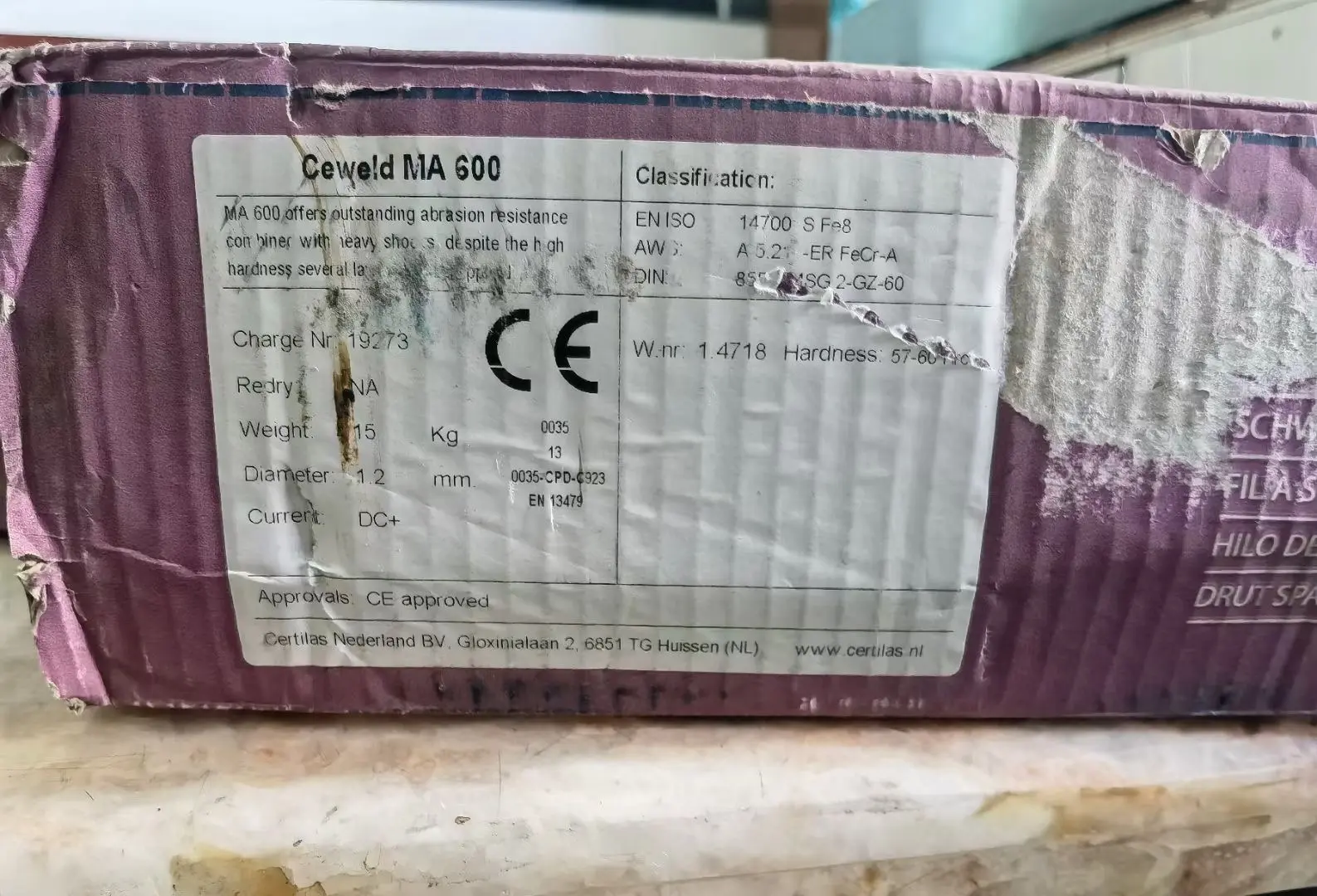 Ceweld MA 600 hardfacing wire label